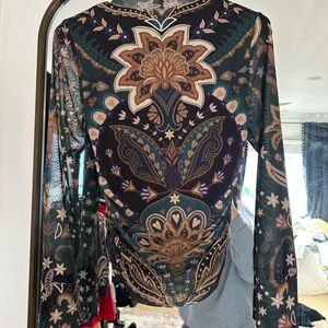 FARM Rio Dark Green Multicolor Paisley Long Sleeve Top